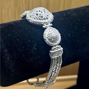 SARDA Sterling Silver 3 Medallion Byzantine Filigree Scroll Bali Toggle Bracelet